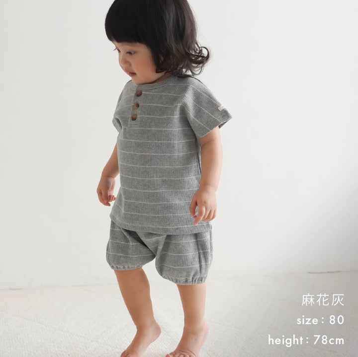 【春夏套裝】條紋 華夫格短袖套裝