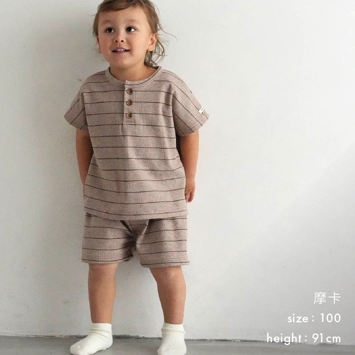 【春夏套裝】條紋 華夫格短袖套裝