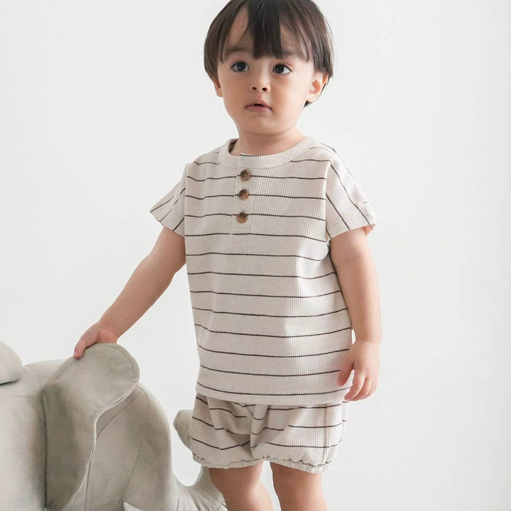 【春夏套裝】條紋 華夫格短袖套裝