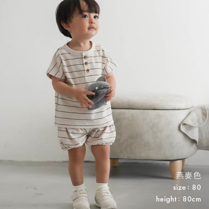 【春夏套裝】條紋 華夫格短袖套裝