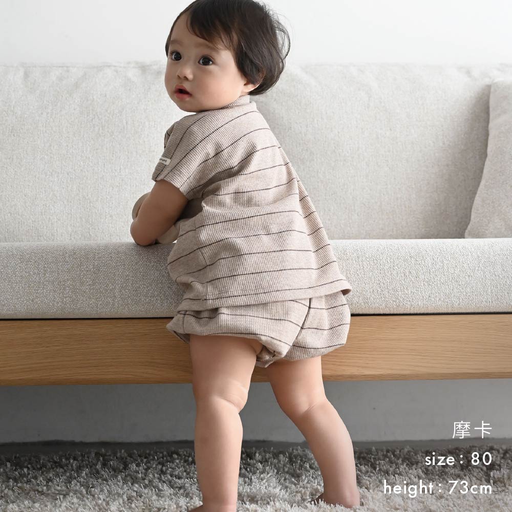 【春夏套裝】條紋 華夫格短袖套裝