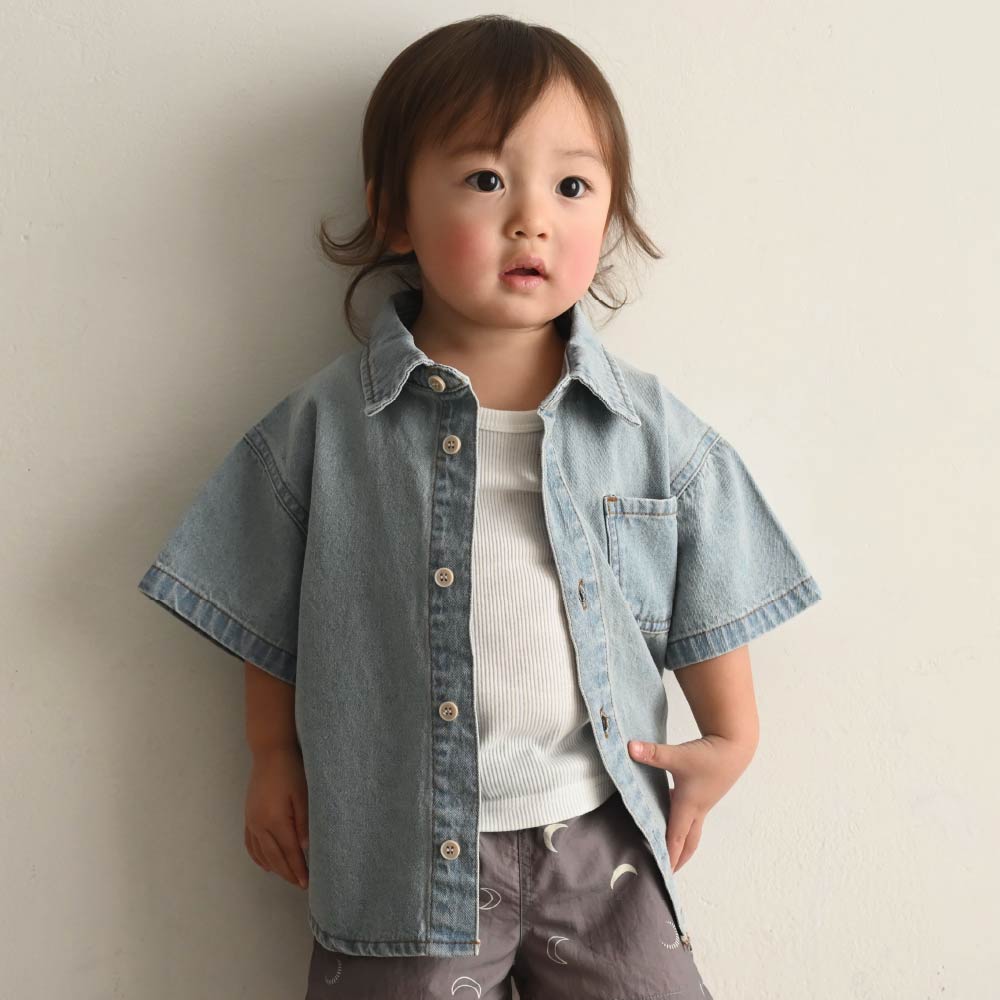 【春夏上衣】翻領丹寧短袖襯衫