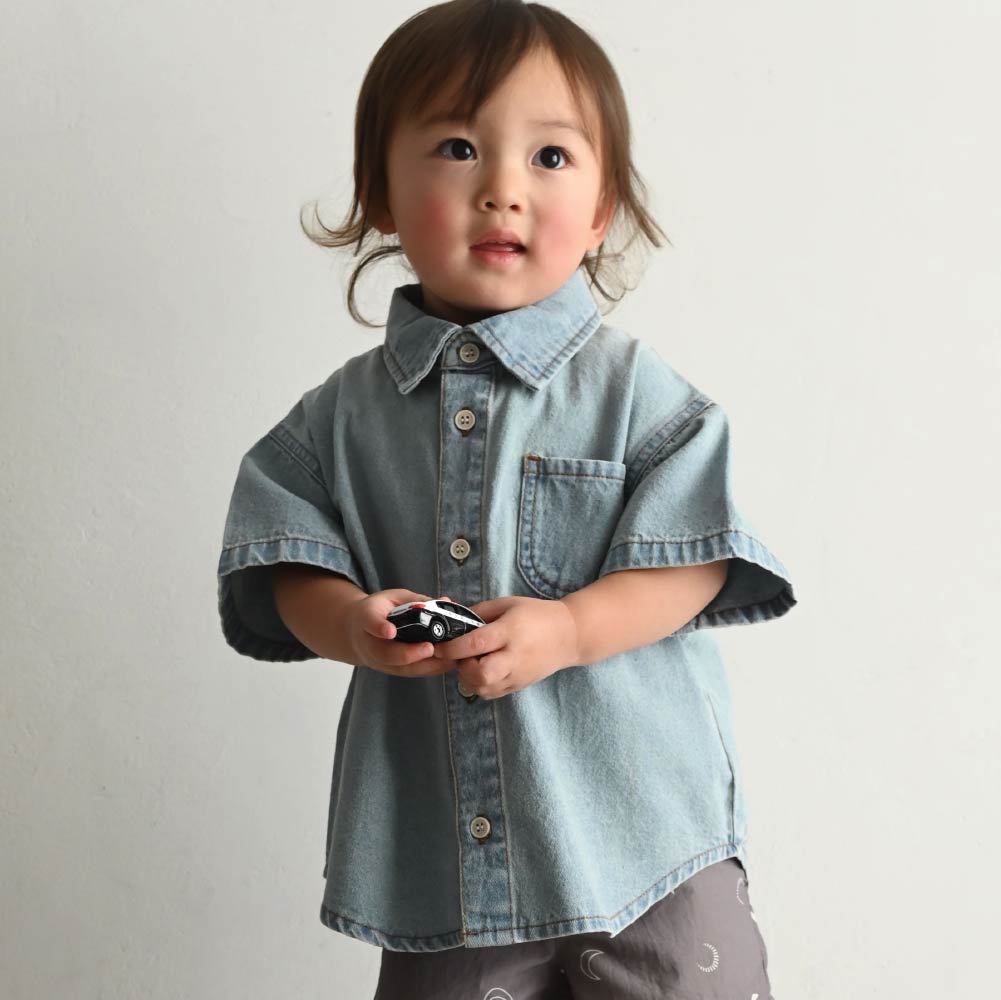 【春夏上衣】翻領丹寧短袖襯衫