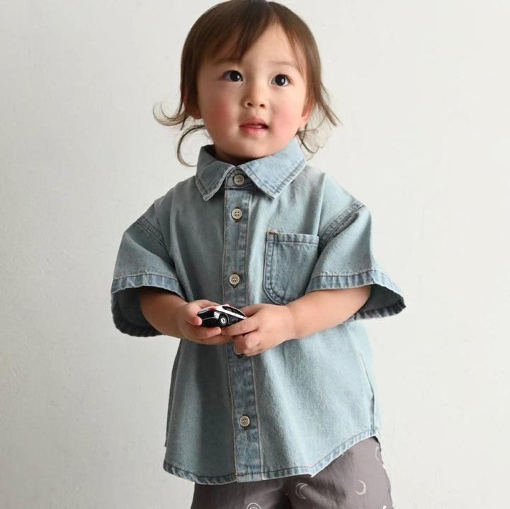 【春夏上衣】翻領丹寧短袖襯衫