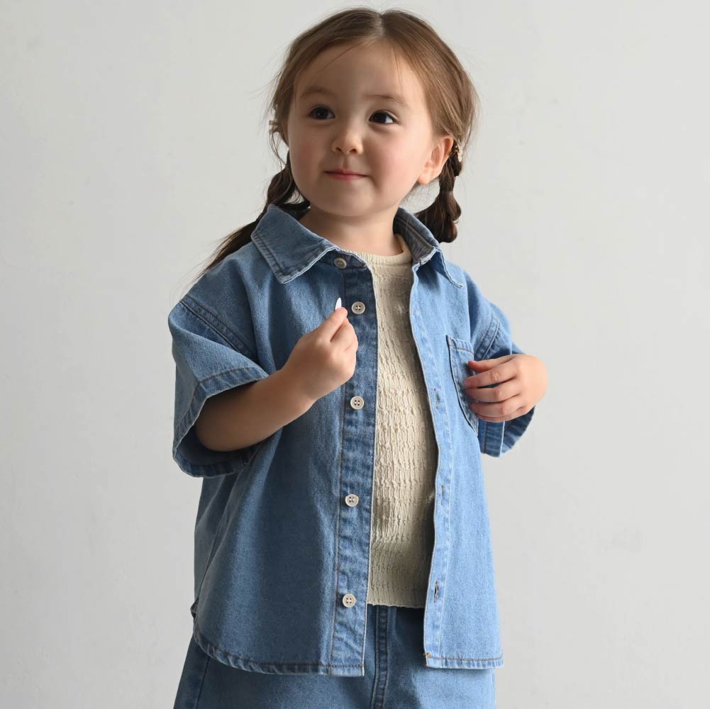 【春夏上衣】翻領丹寧短袖襯衫