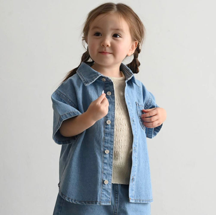 【春夏上衣】翻領丹寧短袖襯衫