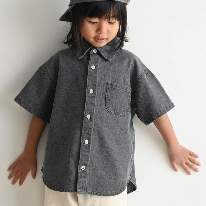 【春夏上衣】翻領丹寧短袖襯衫