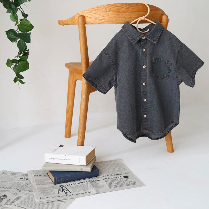 【春夏上衣】翻領丹寧短袖襯衫