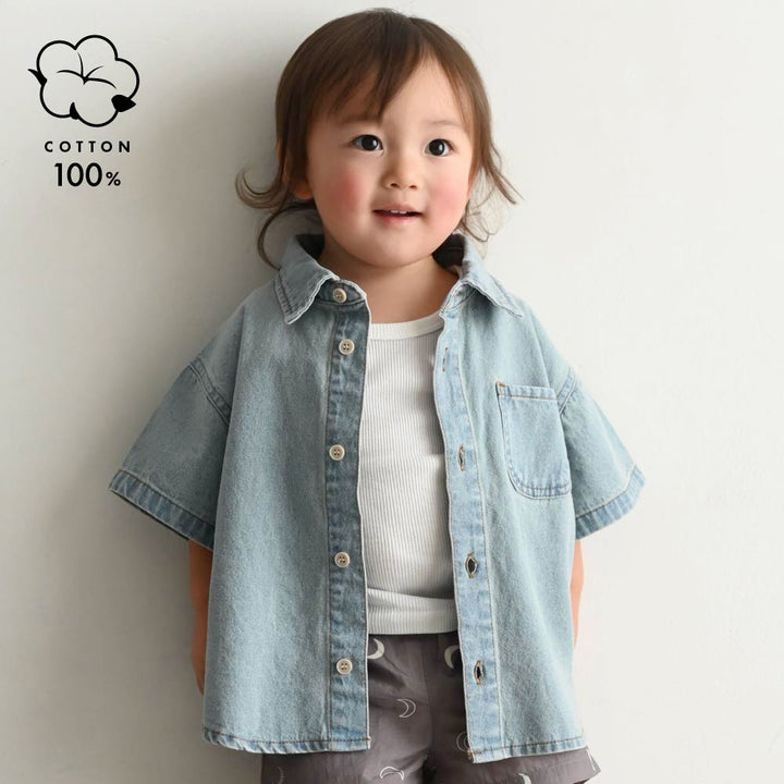 【春夏上衣】翻領丹寧短袖襯衫