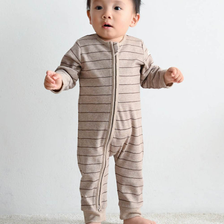 【春夏系列】雙拉鍊長袖華夫格 連身衣